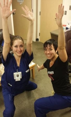 Practicing yoga moves during a break on services - Angie Eakin, Crystal Beal